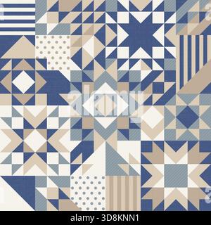 Winter Christmas stars patchwork, irregular geometric background, seamless vector repeating pattern, quilt folk art design layout, repeating geometric Stock Vector