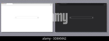 Realistic light and dark browser window mockup with search bar for web design and UI UX presentations. Browser mockup dark and light. Web design interface. Search bar template. UI UX mockup. Minimal browser window. Stock Vector