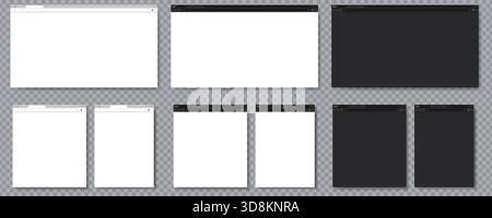 Set of browser window mockups with light and dark themes on transparent background. Perfect for website design presentations and user interface previews. Browser window mockup. Web design template. Light and dark mode UI. Website frame mockup. Transparent browser interface. Stock Vector