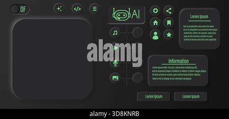 Futuristic dark mode AI dashboard interface with neon green accents, featuring buttons, icons, and UI elements for technology and artificial intelligence concepts. Futuristic AI dashboard design. Cyber interface UI template. Modern tech control panel. Neon glowing AI interface. Dark mode technology UI. Stock Vector