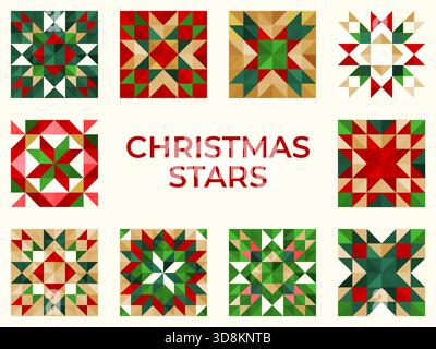 Festive Christmas ornaments, decoration patterns with geometric star motifs in red, green, beige, and white. Perfect for Christmas wrapping, cards, te Stock Vector
