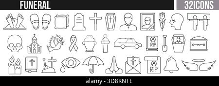 Collection of 32 funeral line icons including coffin, urn, cross, priest, grave, candles, flowers, and mourning symbols. Funeral line icons set. Mourning and remembrance outline vector collection. Memorial and RIP symbols illustration. Death, loss, and grief ceremony icons. Religious, church, and burial outline vector set. Stock Vector