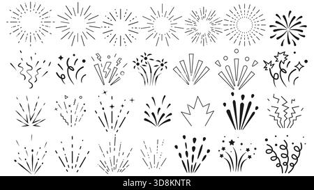 Set of vector line icons representing fireworks, confetti, and celebration bursts in modern minimal style. Minimal decorative vector shapes of confetti, fireworks, and star bursts for graphic and festive projects. Stock Vector