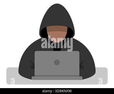 Flat illustration of a hacker in a hoodie working on a laptop, representing cybercrime, data theft, and online security threats. Hacker in hoodie. Cybercrime illustration. Anonymous hacker laptop. Online security threat. Cyber attack vector Stock Vector