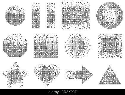 Collection of abstract geometric shapes created from pixel dots with halftone texture. Minimal digital pixel art set featuring various forms like circle, heart, star, and triangle. Modern abstract composition of pixel squares forming creative geometric patterns. Stock Vector