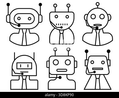 Set of line icons showing AI robots with headsets representing customer service, call center, and virtual assistant concepts, perfect for contact center, helpdesk, and online assistance design. Collection of outline chatbot illustrations designed as robots in suits with microphones, symbolizing modern digital support. Stock Vector