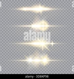 Collection of glowing golden horizontal light flares and lens effects on a transparent background for design and overlays. Shining golden horizontal light streaks ideal for photo editing, decoration, and digital design projects. Stock Vector