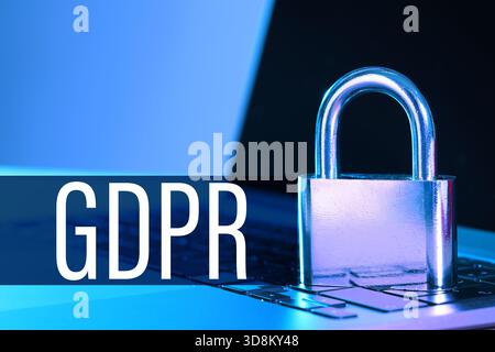 General Data Protection Regulation (GDPR). Metal padlock on laptop, closeup Stock Photo