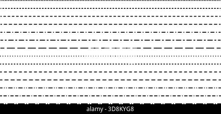 Straight dash lines. Horizontal dotted borders. Set of long stripe dividers. Stock Vector