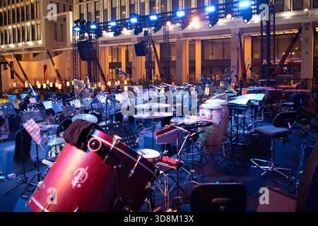 A Bass drum on a stage at Barahat Musheireb in Doha, Qatar on February 14, 2025. Stock Photo