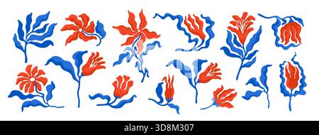 Wildflower vector set with red floral shapes and blue leaves. Decorative spring plants in a flat modern style. Design element for cards, posters Stock Vector