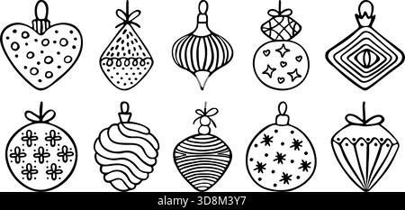 Black line Christmas tree toys, vector hand drawn doodle set. Various winter decorations for firs, spruces, pines. Outline decorative signs for conife Stock Vector