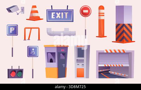 Underground parking. Signs sidewalks barriers and traffic lights for cars exact vector collection Stock Vector
