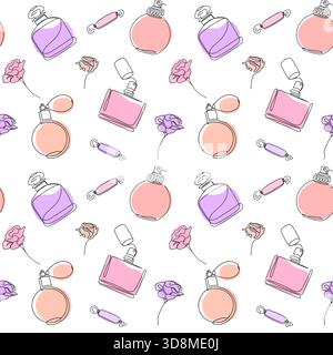 Seamless one line perfume pattern with floral elements in soft pastel tones. Design is perfect for cosmetic branding, prints, packaging, beauty-relate Stock Vector