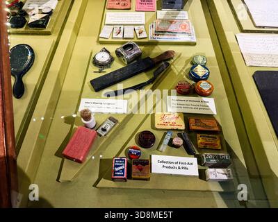 Knock, Ireland - October 22, 2025: Historic medical and grooming items on show in a Knock Ireland display case, highlighting vintage care products. Stock Photo