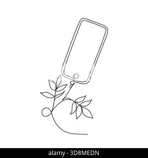 Minimal one line smartphone connected to a growing plant. Digital sustainability, eco-technology, green energy concept. Vector illustration. Stock Vector