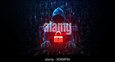 Cyber security threat concept with hacker silhouette in low poly style Stock Vector
