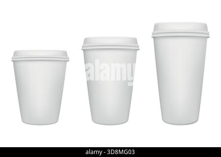 Paper Coffee Cup Set. Three White Paper Coffee Cups with Lids, Small Medium Large Takeaway Coffee Cup Sizes, Blank Paper Coffee Cup Mockup for Cafe Stock Vector