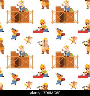 Builders seamless pattern. Animals in uniform build house. Funny animal working on construction. Cute fabric or wallpaper print, classy vector Stock Vector
