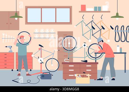 Bicycle repair service scene. Servicemen in bike workshop repairing bicycles. Bikes maintenance, working in garage, change chains, wheels, recent Stock Vector