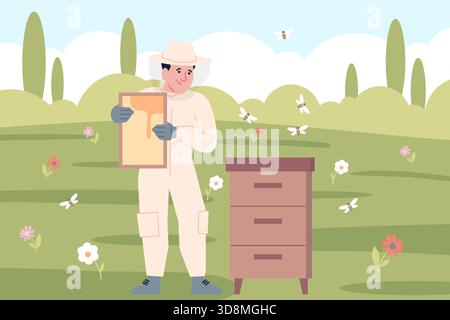 Worker on apiary. Male beekeeper hold honeycomb, collect honey and raise bee. Apiculture, beekeeping process in uniform. Harvesting recent vector Stock Vector