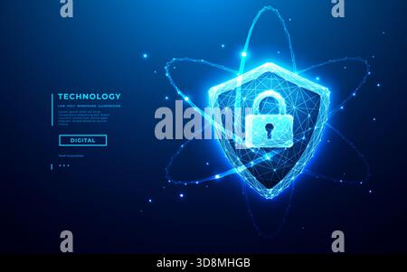 Cyber security concept. Digital shield icon with lock symbol glowing Stock Vector