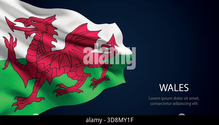 Wales realistic flag waving with smooth silk texture and dramatic lighting Stock Vector