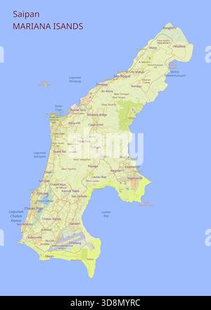 This image shows a detailed map of Saipan in the Mariana Islands. The map features various geographical details, including cities, roads Stock Vector