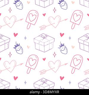 Cute Valentine Seamless Pattern with Hearts, Gifts, Strawberries and Sweet Pops Stock Vector