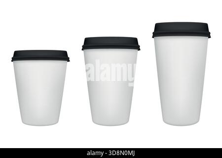 Paper Coffee Cup Set. Three White Paper Coffee Cups with Black Lids, Small Medium Large Takeaway Coffee Cup Sizes, Blank Paper Coffee Cup Mockup for Stock Vector