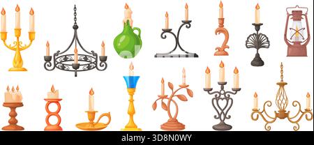 Cartoon candlesticks. Vintage candelabrum, golden brass candlestick chandelier antique lamp stand candle holder retro lantern candelabra victorian interior neat vector illustration original artwork Stock Vector