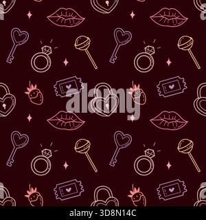 Valentine Seamless Pattern with Hearts, Keys and Lips on Dark Background Stock Vector