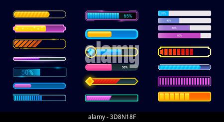 Game loading bars. Loader mobile application interface, upload progress bar video download neon indicator level gauge cartoon app ui coming soon status, kicky vector illustration original artwork Stock Vector