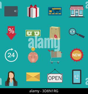 Ecommerce Shopping Icons Set. Wallet, Gift Box, Credit Card, Store, Discount Arrow, Money, Shopping Bag, Magnifier, 24 Service, Piggy Bank, Cart, New Stock Vector