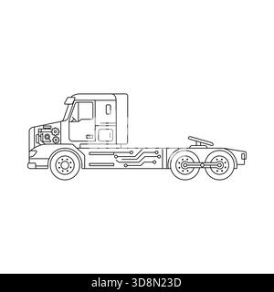 Line art vector illustration depicting a futuristic long-haul transport vehicle with integrated AI and electronic components, symbolizing self-driving Stock Vector