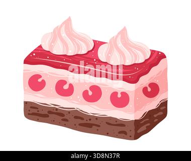 Piece of Cake with sponge cake, cream and cherries texture illustration. Sweet holiday bakery pie art. Vector hand drawn cartoon design for menus, signboards, showcases prints, posters, wallpaper Stock Vector