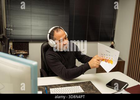 Man presenting business plan to colleagues remotely from his modern home office Stock Photo