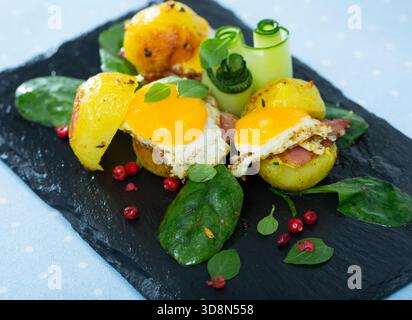 Potato burgers with quail egg Stock Photo