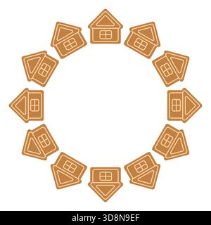Cute house. Round frame. Christmas cookies. Isolated white background. Vector illustration. Stock Vector