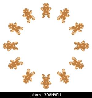 Cute gingerbread man. Round frame. Christmas cookies. Isolated white background. Vector illustration. Stock Vector