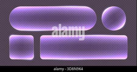 Transparent glass buttons, purple clear banners. Glowing futuristic interface templates for web design. Stock Vector