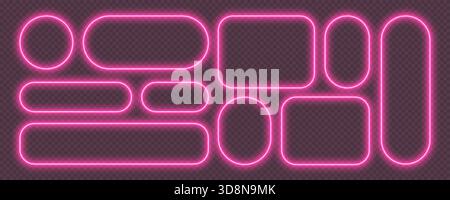 Neon glowing frames, pink night banners light effect, bright illuminated borders. Stock Vector