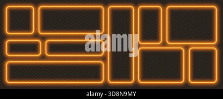 Neon glowing frames, orange night banners, bright illuminated borders. Rectangular design elements. Stock Vector