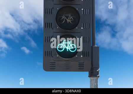 Bicycle shaped bike path traffic signal intersection crosswalk light. Stock Photo