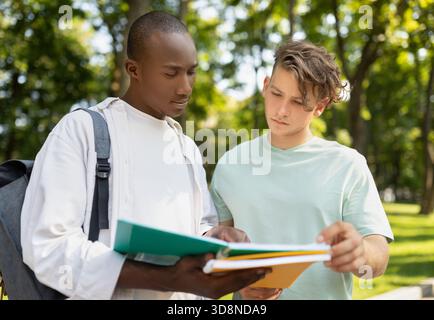 Two Students Studying Together Outdoors in a Sunny Park on a Bright Afternoon Stock Photo