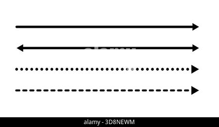 Set of long, straight and dots arrows. Thin, horizontal black arrow icons with one and double side directions Stock Vector