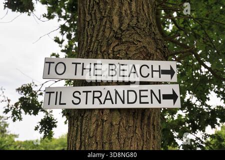 Bilingual signs with inscription, direction sign to the beach on a tree, Gallokken Strand, Ronne, Bornholm, Denmark Stock Photo