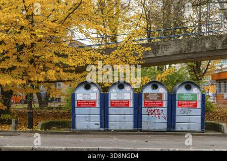 Collection containers for used glass and glass bottles. recycling of empties. Stuttgart, Baden-Wuerttemberg, Germany Stock Photo