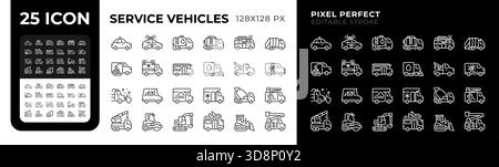 Service vehicles pixel perfect black and white line icons set Stock Vector