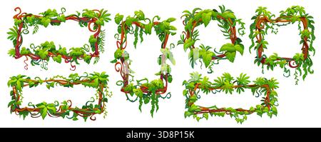 Jungle tropical forest liana green leaves frames with wood vines and tree branches. Vector lianas frames with cartoon borders of twisted vines, tropical forest trees and jungle creeper plants leaves Stock Vector